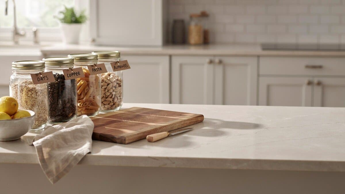 Matching glass storage jars and cutting board styled on a kitchen counter