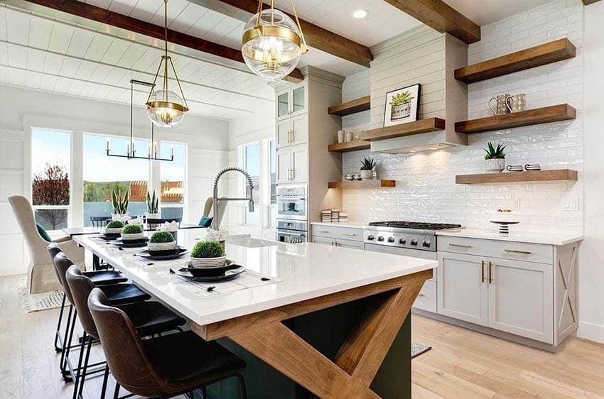 Contemporary kitchen with gray cabinets rustic barn style island marble countertops