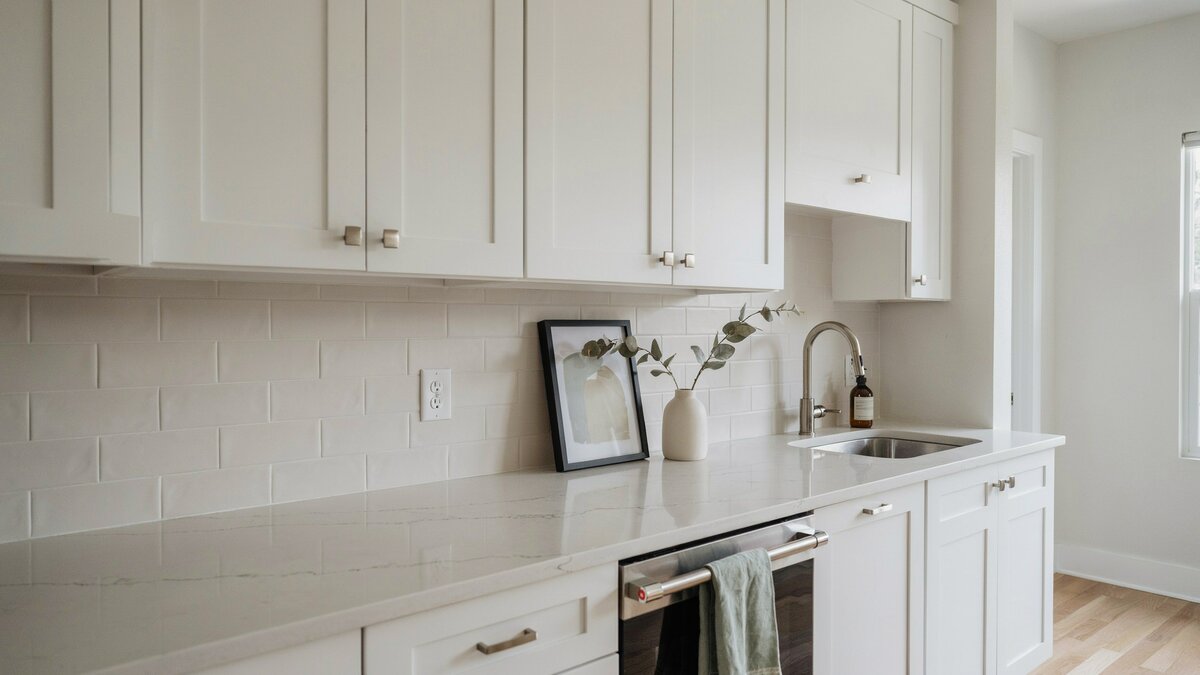 Small framed art pieces on quartz counter beside white shaker cabinets