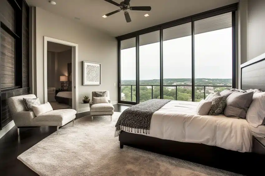 Contemporary large bedroom with ceiling fan