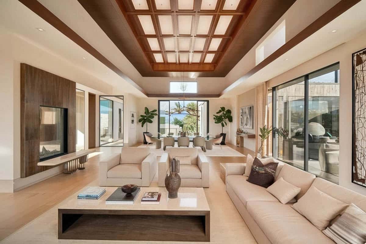 Contemporary Asian room with decorative wood ceiling
