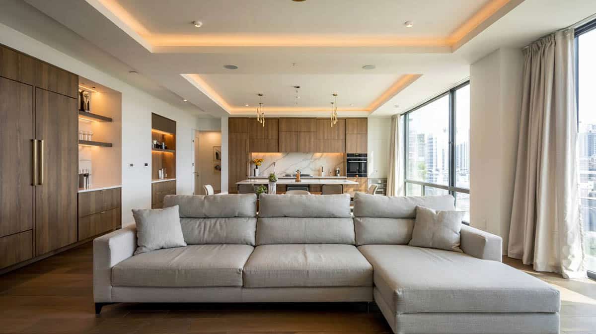 Double tray feature on ceiling in contemporary room