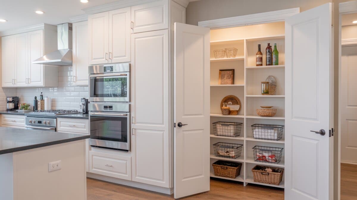 Contemporary white kitchen with sliding pocket door pantry open to show baskets and bottle storage
