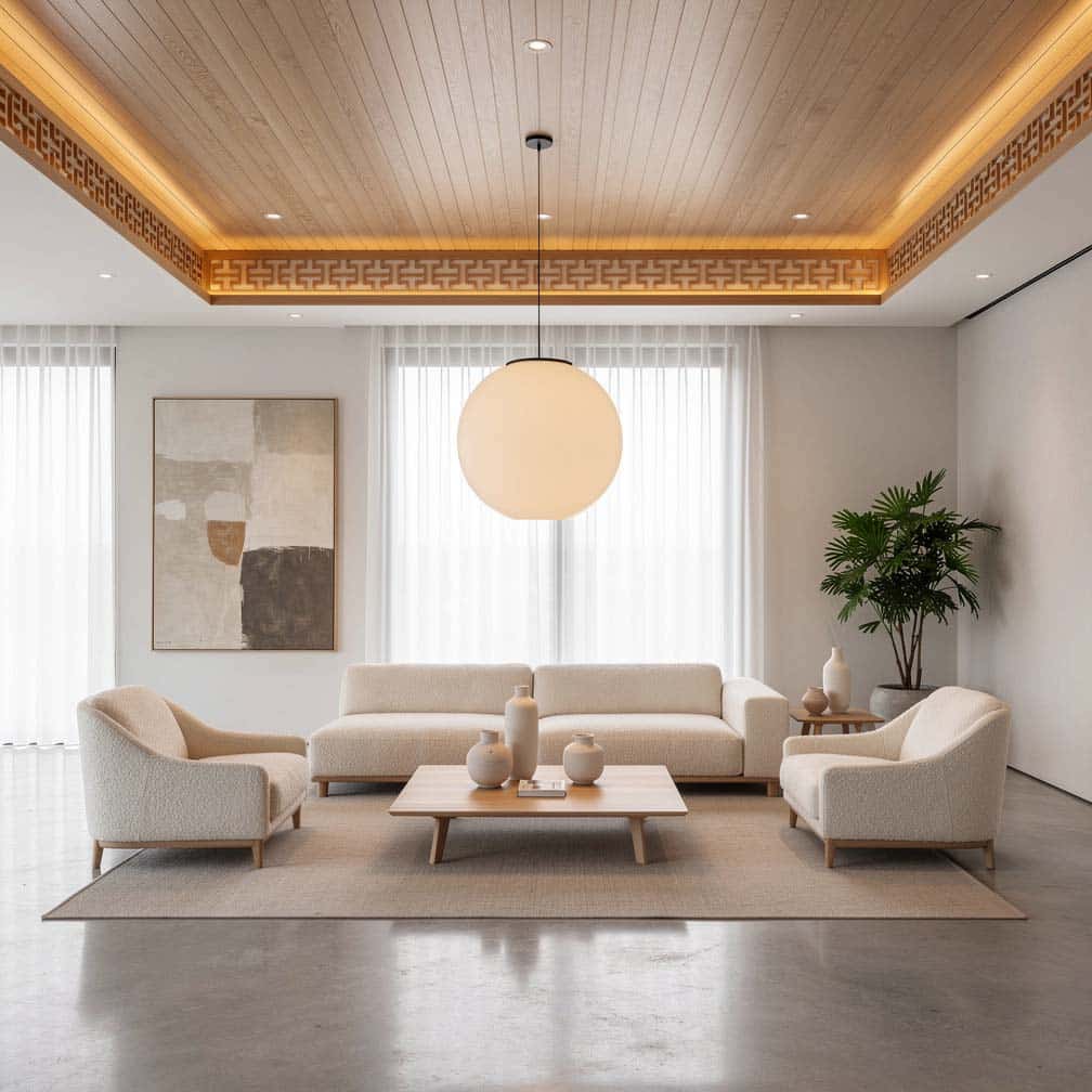 Living room with wood slat ceiling in a decorative Asian-inspired style.
