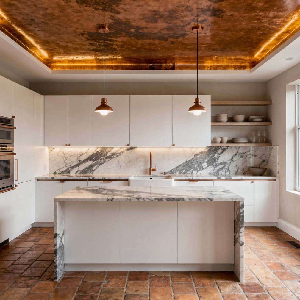 Kitchen with a beautiful copper ceiling creating an amazing focal point.