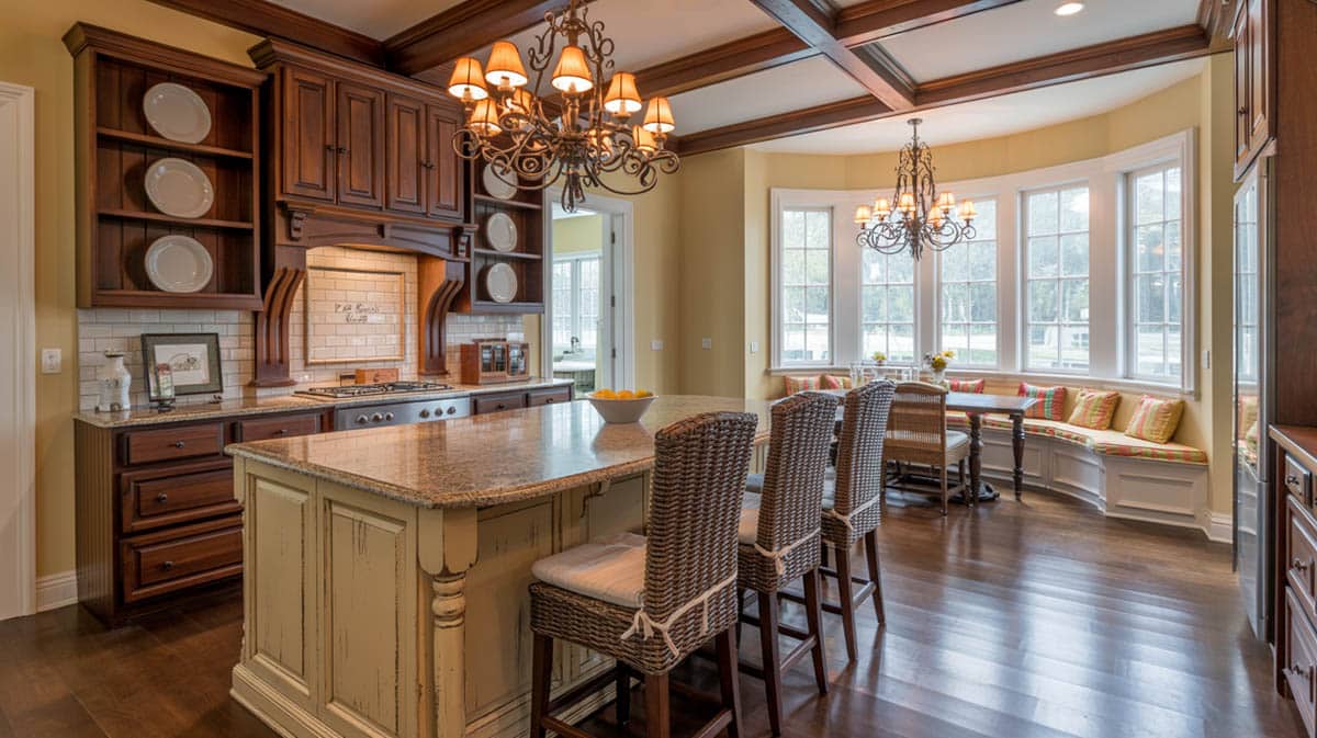 Dark walnut kitchen cabinets with a cream island, wicker barstools, and a coffered wood beam ceiling