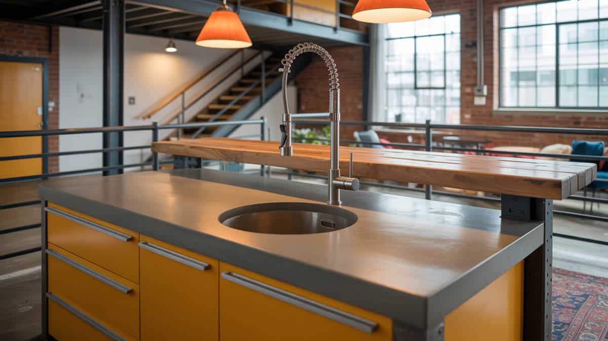 Faux concrete gray peninsula countertop in cream farmhouse kitchen with shiplap accent wall