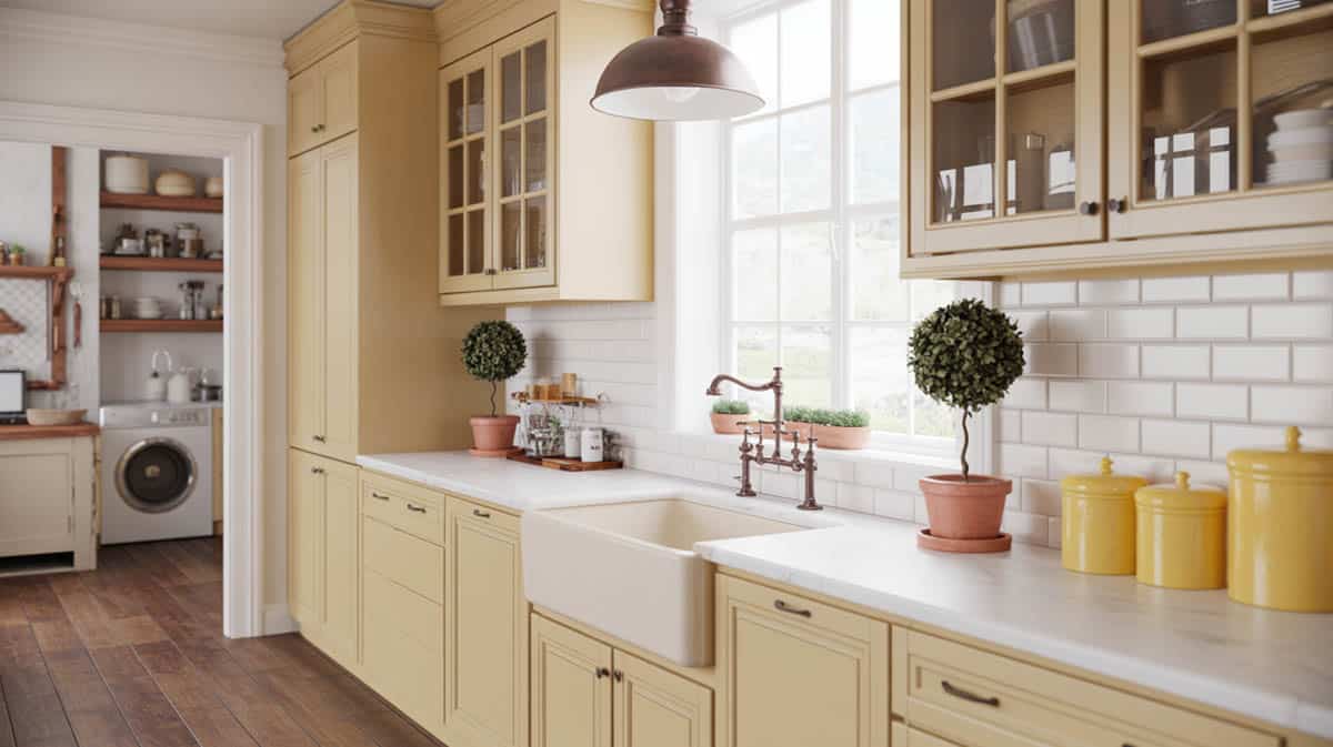 Butter yellow shaker cabinets with a farmhouse sink, subway tile backsplash, and potted topiary trees