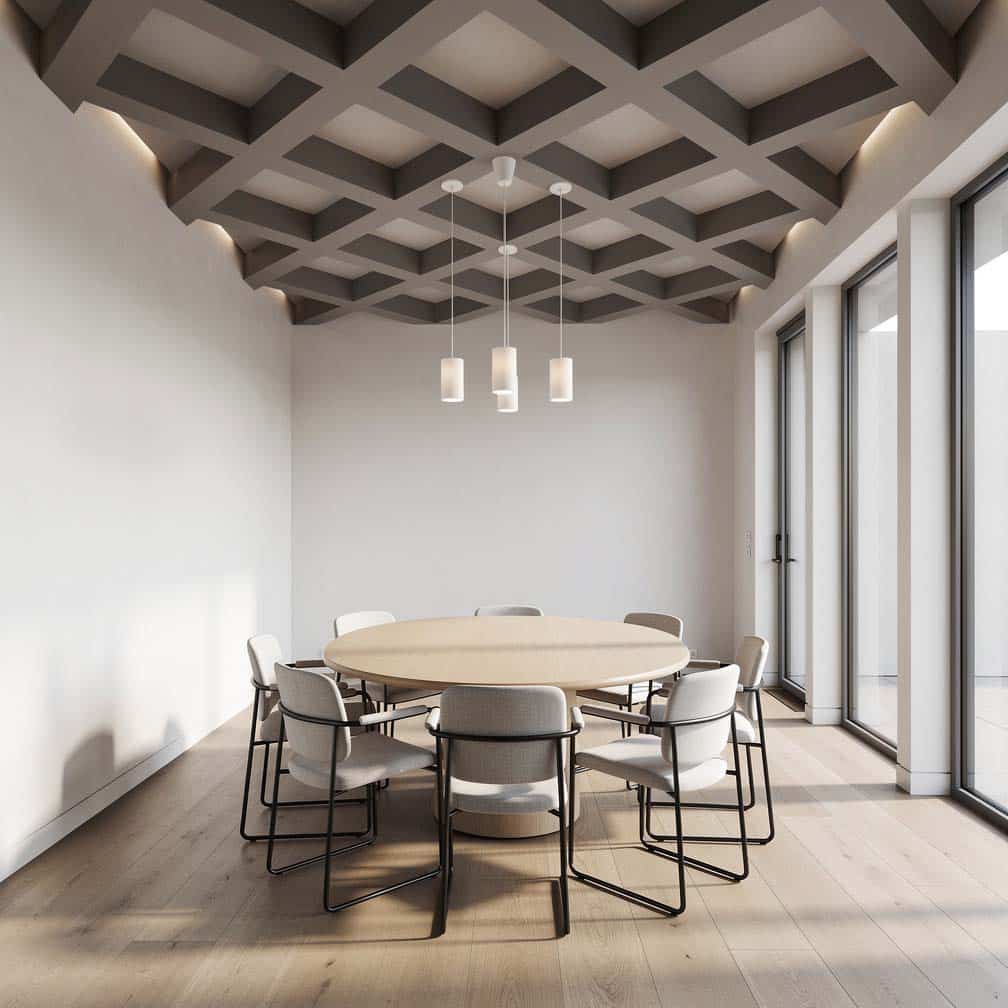 Criss-cross beam ceiling feature with gray paint in a contemporary dining room.