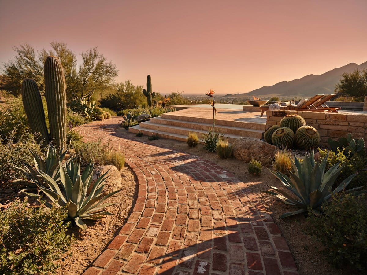 Curved brick walkway through a desert cactus garden with a raised spa at golden sunset
