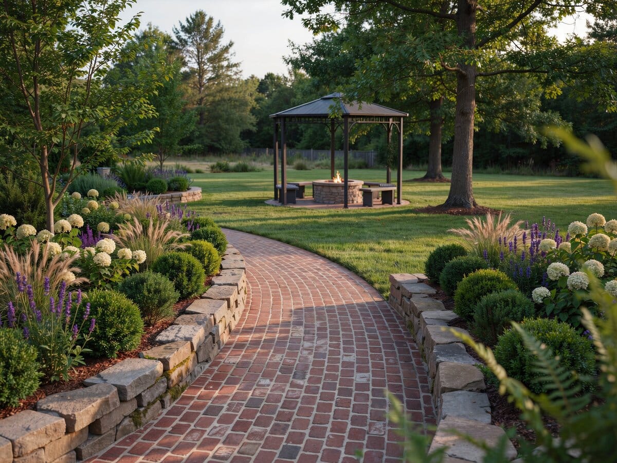 Curved red brick walkway leading to a black metal gazebo and fire pit seating area