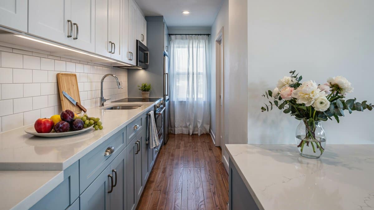 Galley kitchen with blue and white cabinets, fresh flowers and fruit bowl