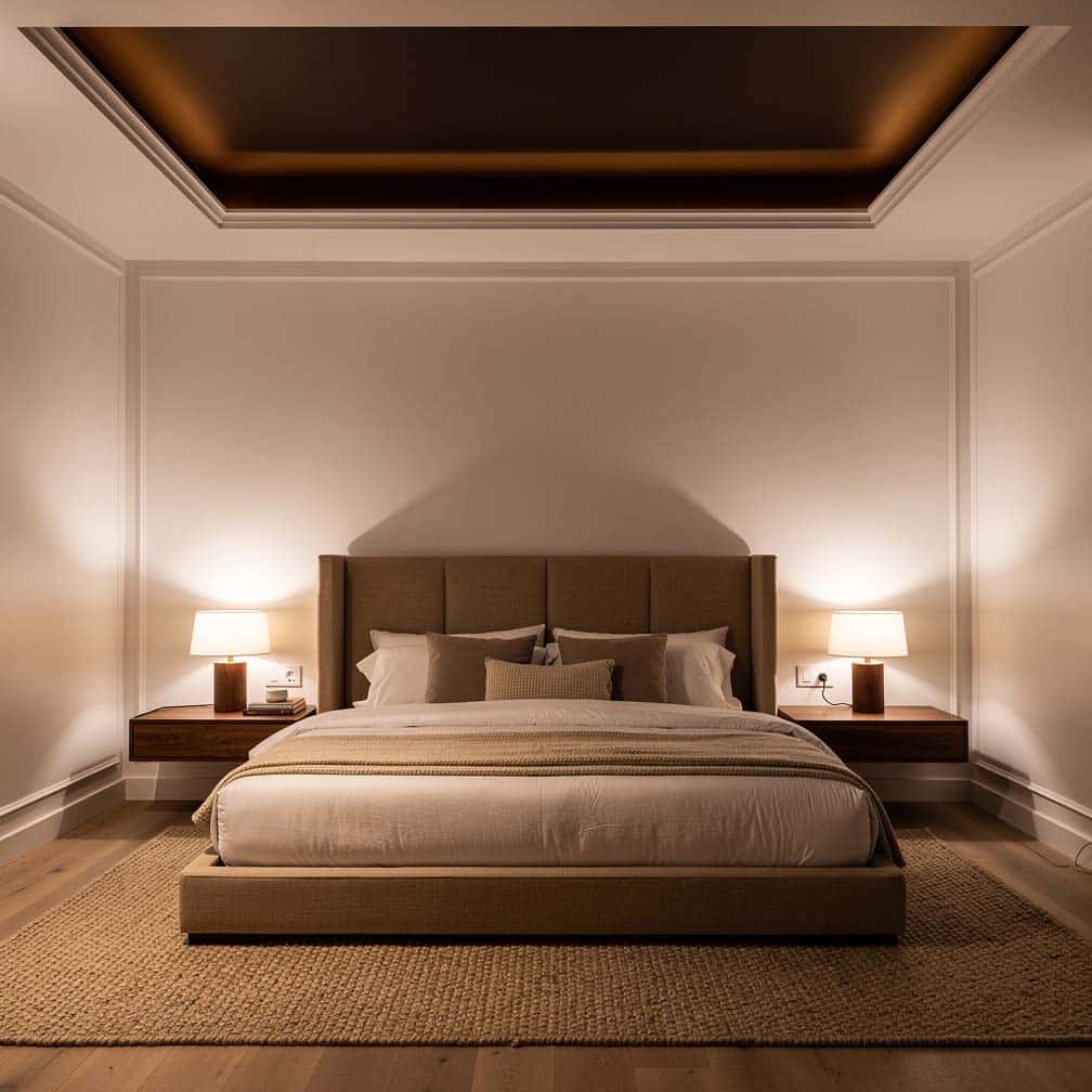 Bedroom with a dark brown painted accent ceiling above the bed.