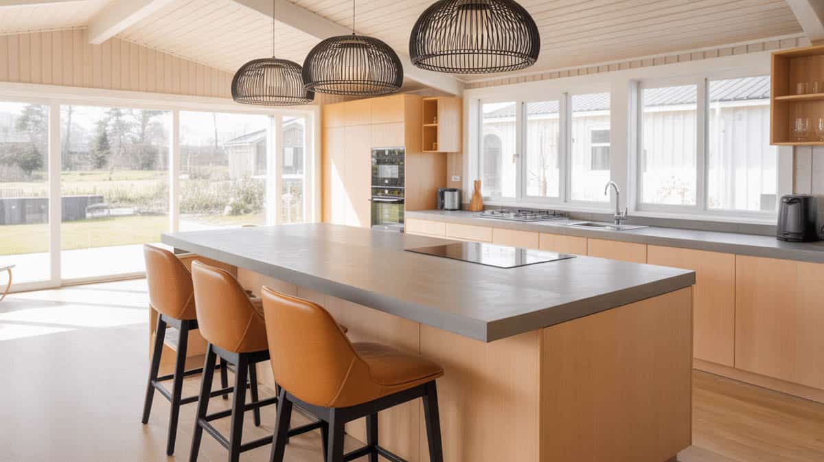 Open-concept kitchen with dark brown raised-panel cabinets and light gray concrete island