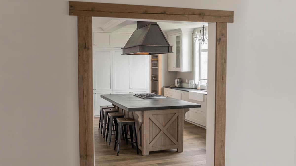 Polished dark concrete peninsula countertop with industrial barstools and exposed ceiling pipes