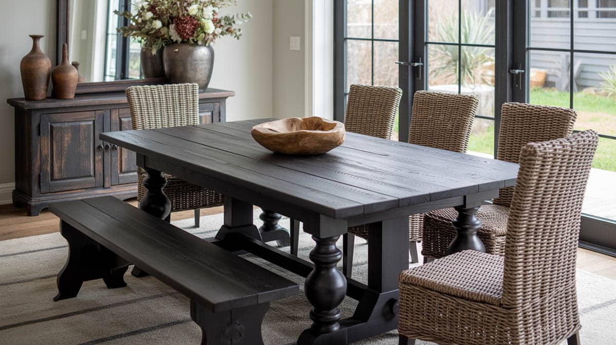 Dark driftwood farm table with turned legs, a matching bench, and woven rattan dining chairs around it