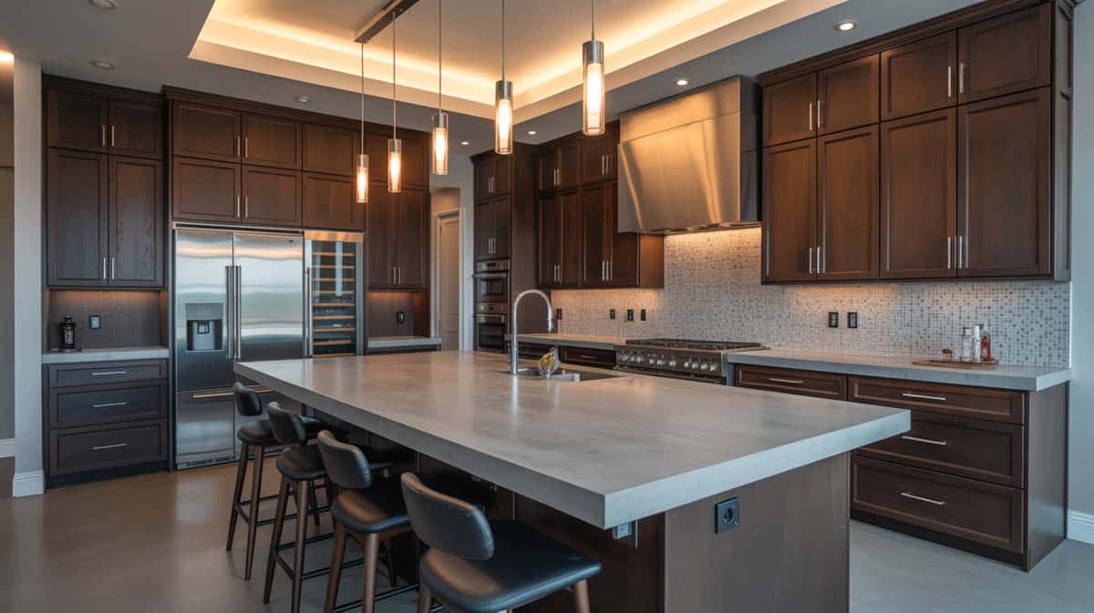 White concrete waterfall island countertop with dark espresso flat-front cabinets and wood barstools