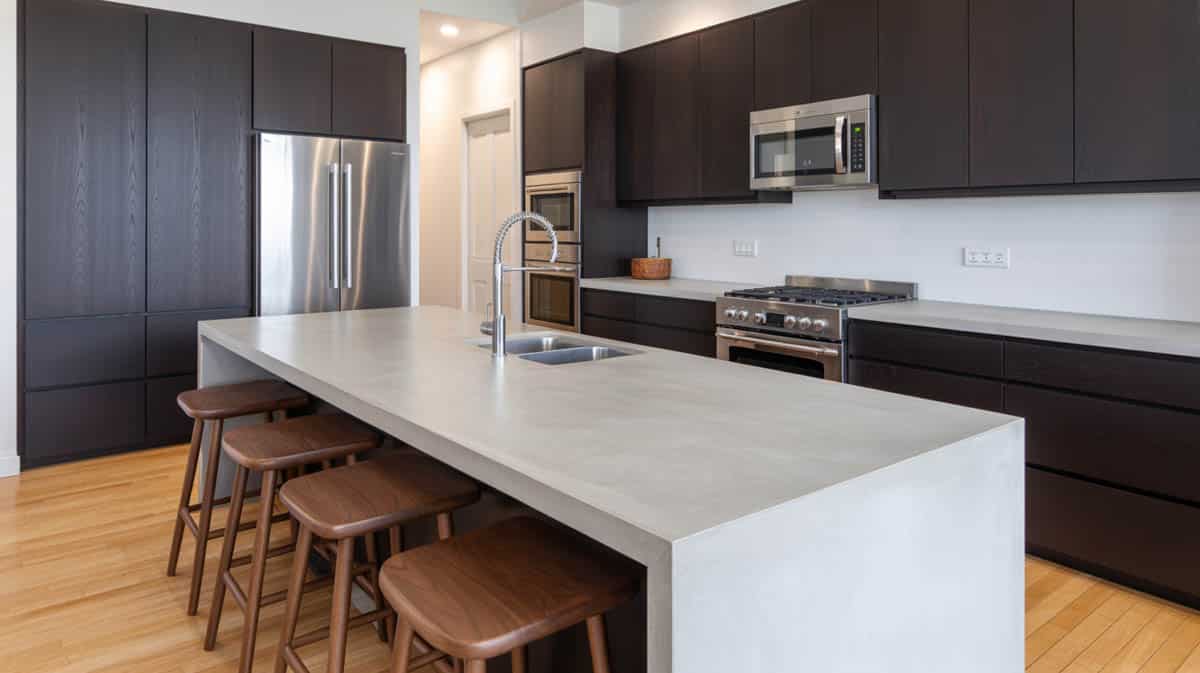 Gray concrete countertops with dark espresso cabinets, tray ceiling and black leather barstools