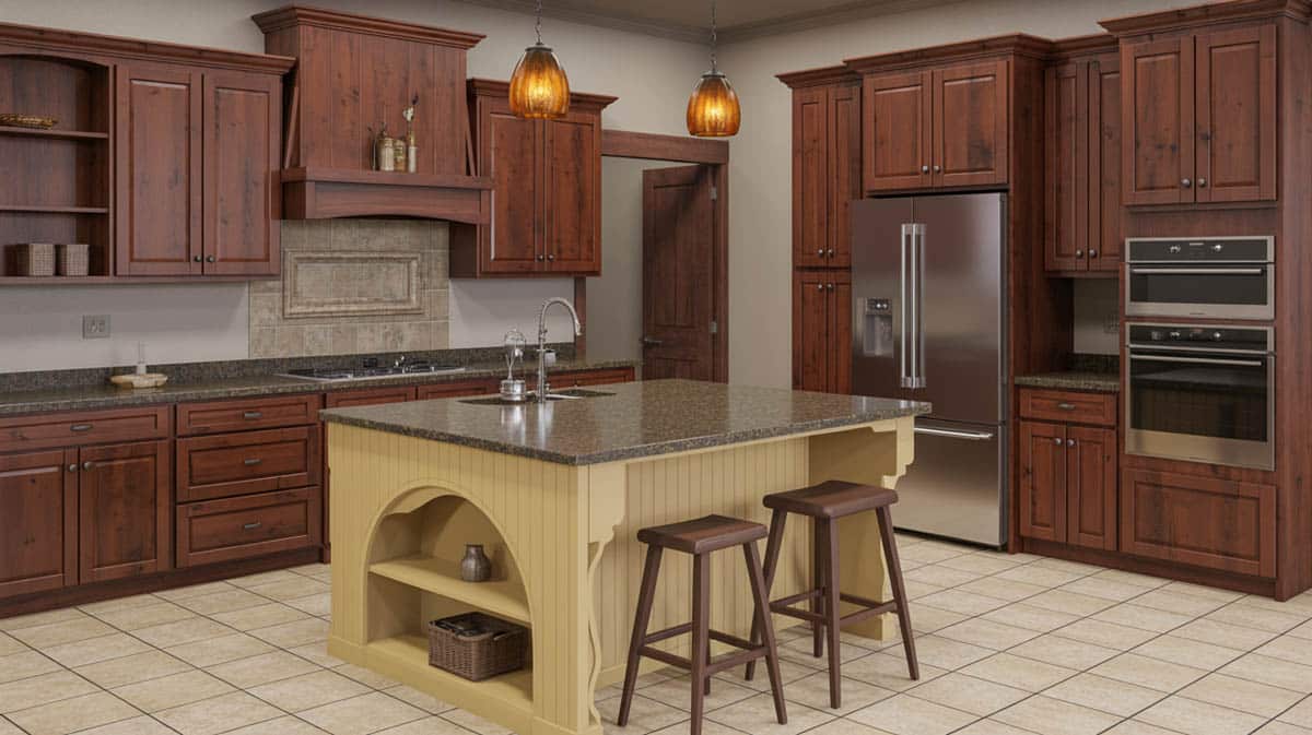 Rich knotty wood cabinets with a matching range hood, two-tone island, and amber teardrop pendants