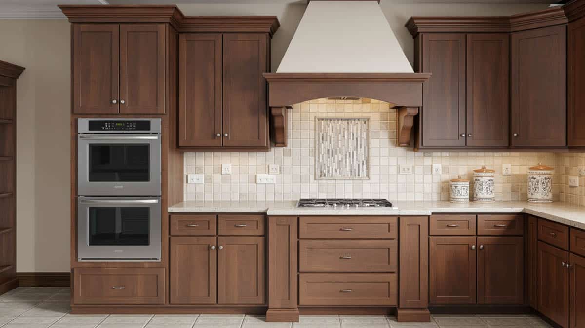 Medium walnut shaker cabinets with a matching wood hood and a mosaic tile backsplash accent strip