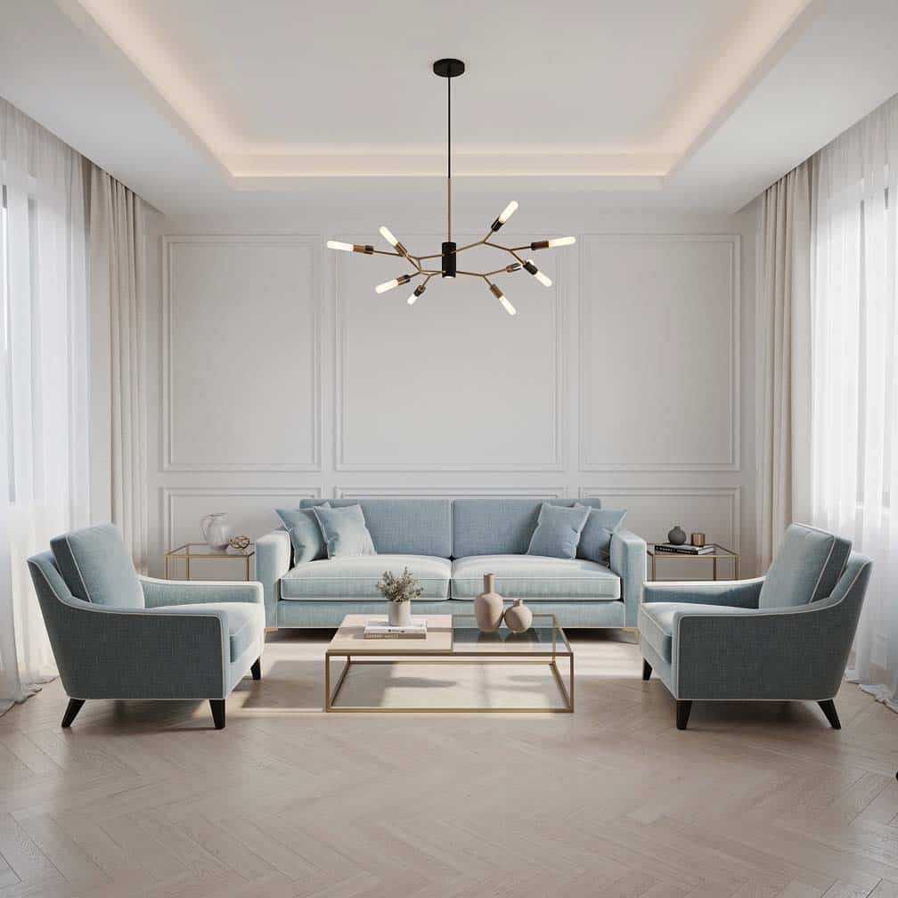 Formal living room with a deep recess ceiling and an unusual sculptural chandelier.
