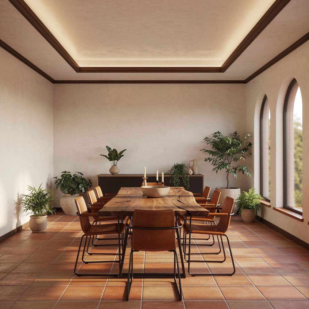 Rustic Mediterranean style dining room with deep ceiling feature and walnut wood molding.