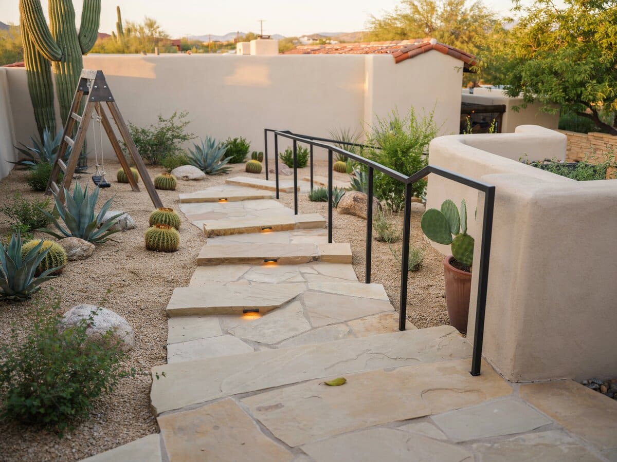 Desert backyard stone stair walkway with lighted step risers and a metal handrail