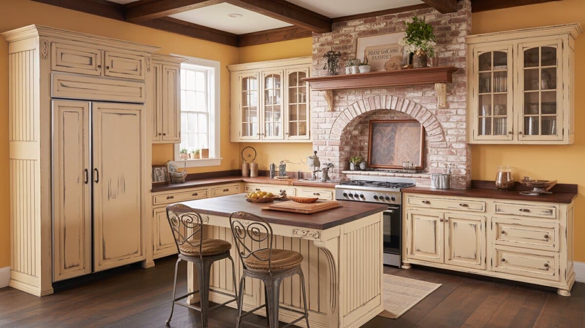 Distressed cream traditional kitchen with brick arch feature wall and butcher block island