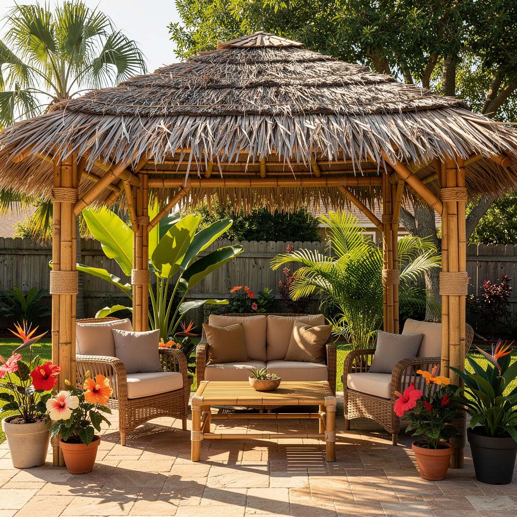 Handbuilt bamboo cabana with dried palm leaf thatching