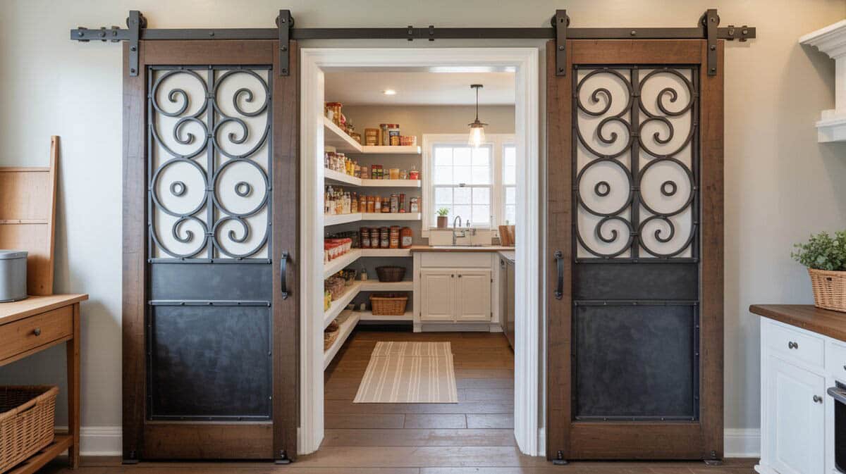 Double antique steel barn doors with ornate cutout family name design at a large walk-in pantry entrance