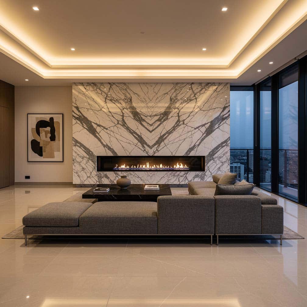 Contemporary living room with illuminated double ceiling and quartz accent wall fireplace.