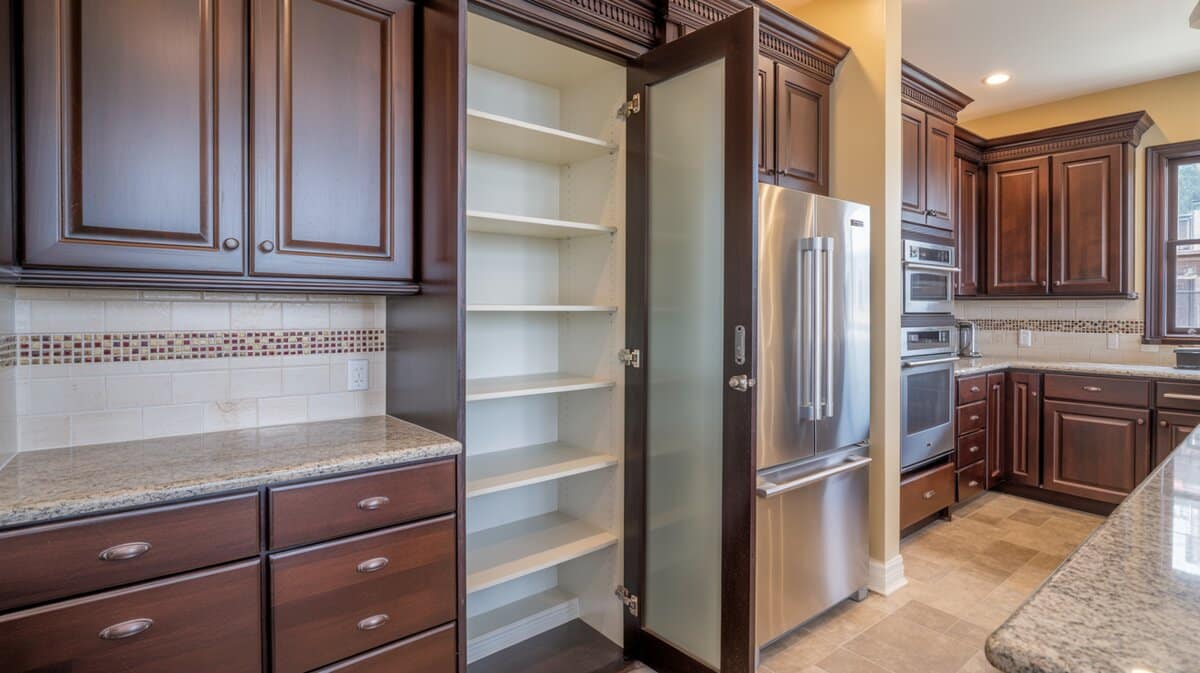 Dark espresso kitchen with a single frosted glass pantry door and mosaic tile backsplash