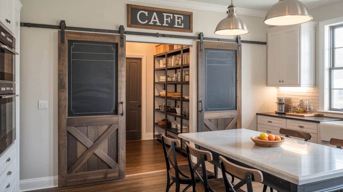 Farmhouse kitchen with double chalkboard-painted barn doors bearing a hand-lettered cafe-style pantry sign