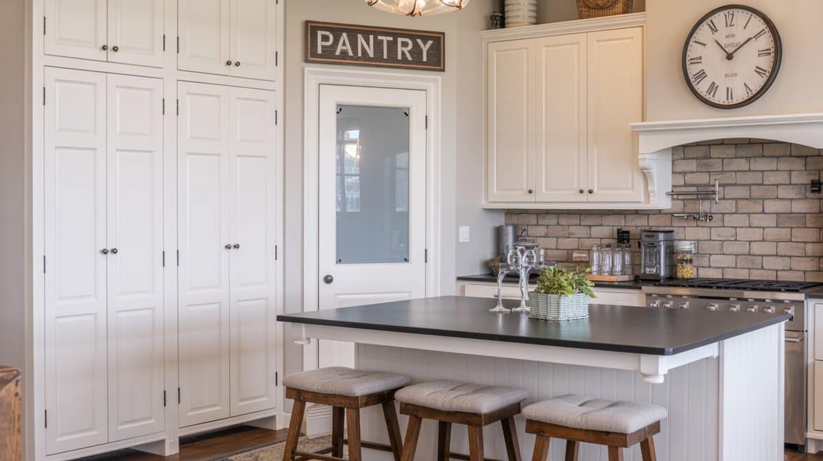 Farmhouse kitchen with frosted glass pantry door and PANTRY sign displayed above the black island