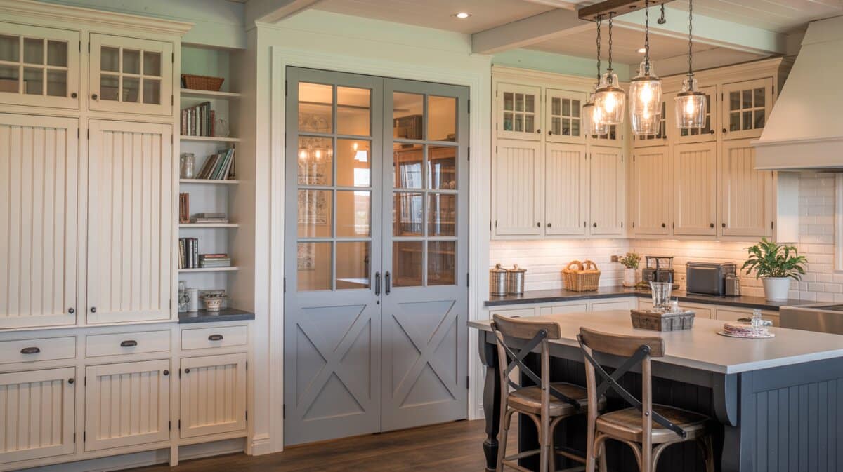 Farmhouse kitchen with gray sliding barn door with glass panel and mason jar pendant lights