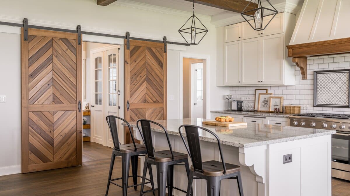 Farmhouse kitchen with natural wood double chevron-pattern barn doors and matte black hardware accents