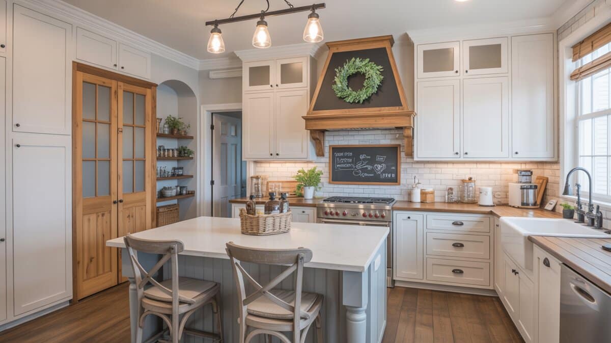 Farmhouse kitchen with natural wood and glass panel pantry door beside a large gray center island