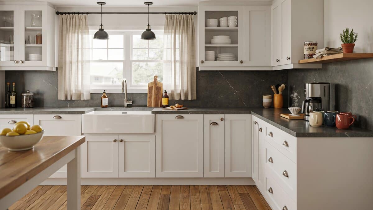 Coffee station with mugs on dark gray quartz counter in farmhouse kitchen