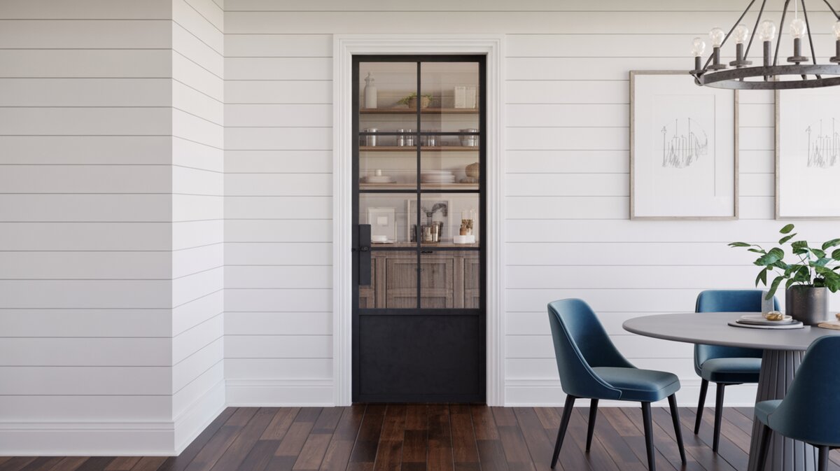 Farmhouse kitchen with shiplap feature wall and black metal frame glass pantry screen door