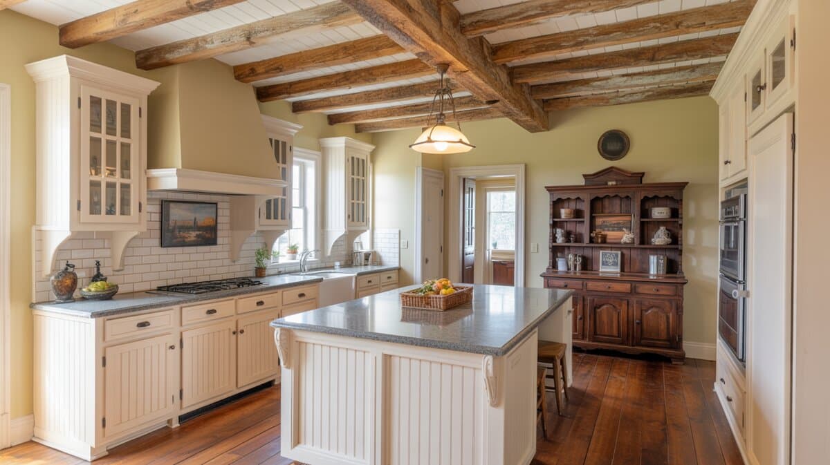 Farmhouse white beadboard kitchen with rustic exposed wood ceiling beams, granite island, and antique hutch