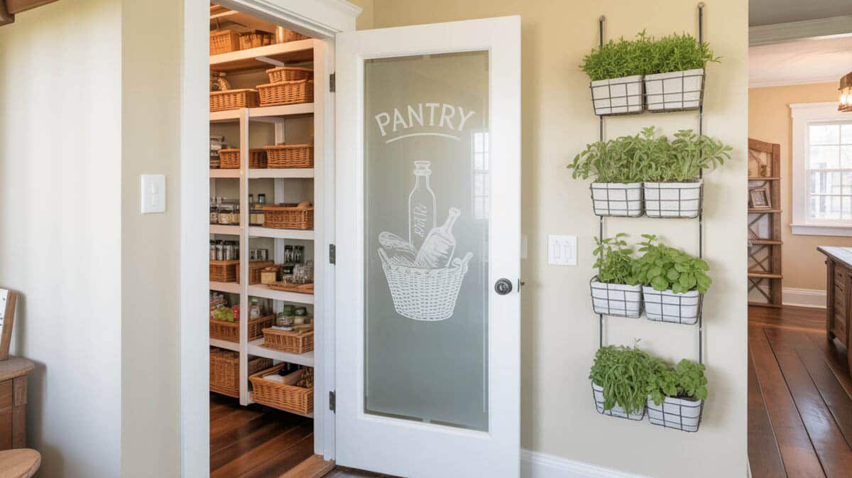 Farmhouse kitchen with white-framed frosted glass pantry door etched with PANTRY lettering and food basket illustration