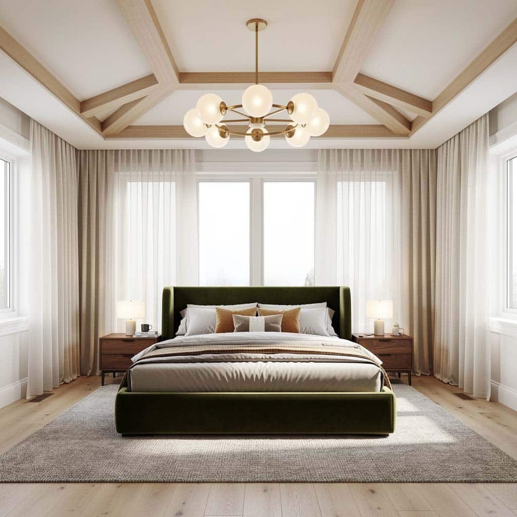 Bedroom with faux wood beams in an inverted raised ceiling area and a chandelier.
