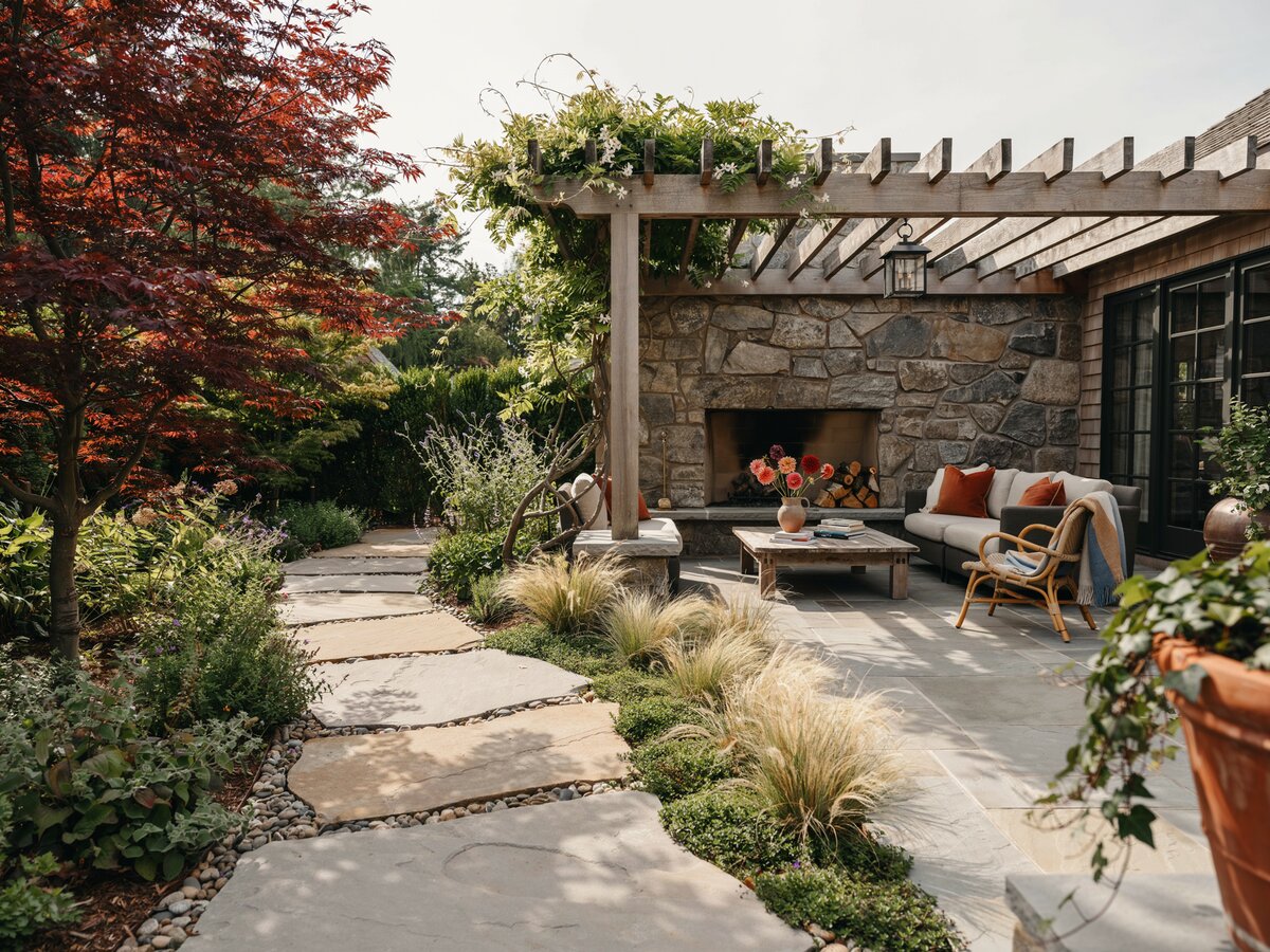 Flagstone path leading to a covered outdoor patio with stone fireplace under a wood pergola