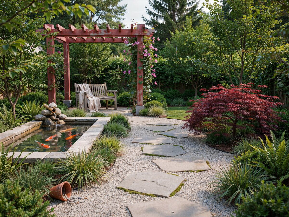 Flagstone stepping path through a gravel garden past a koi pond to a rustic red pergola