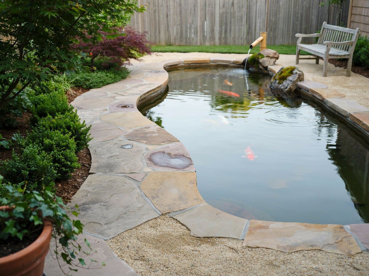 Natural flagstone steps curving around a backyard koi pond with a garden bench and decorative gravel