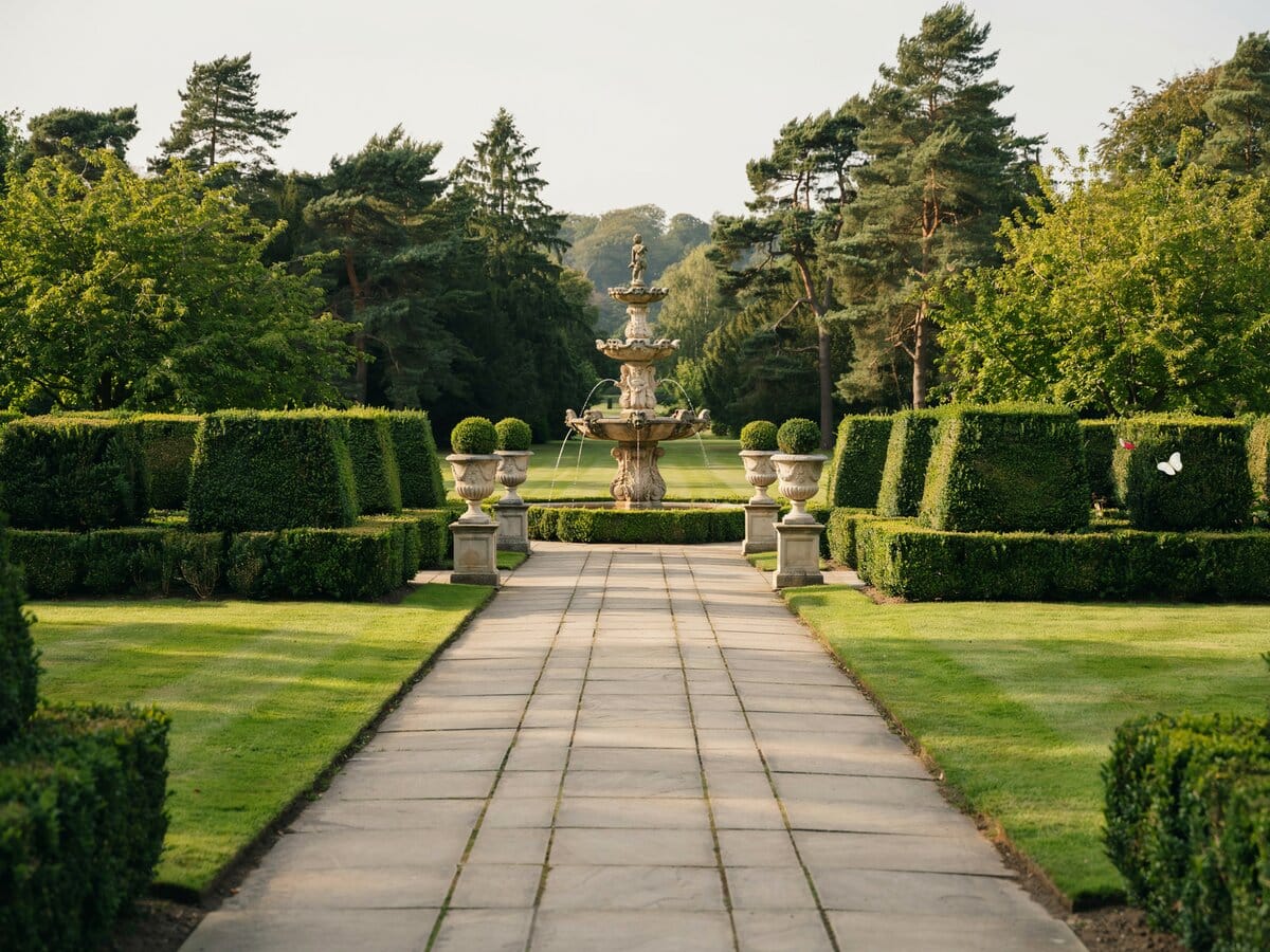 Formal estate garden with a central stone fountain and paver walkway lined by boxwood hedges