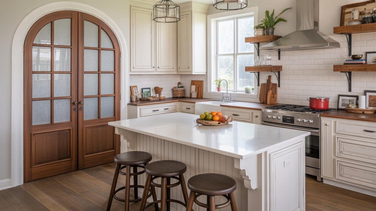 French country kitchen with arched antique wood French double pantry doors