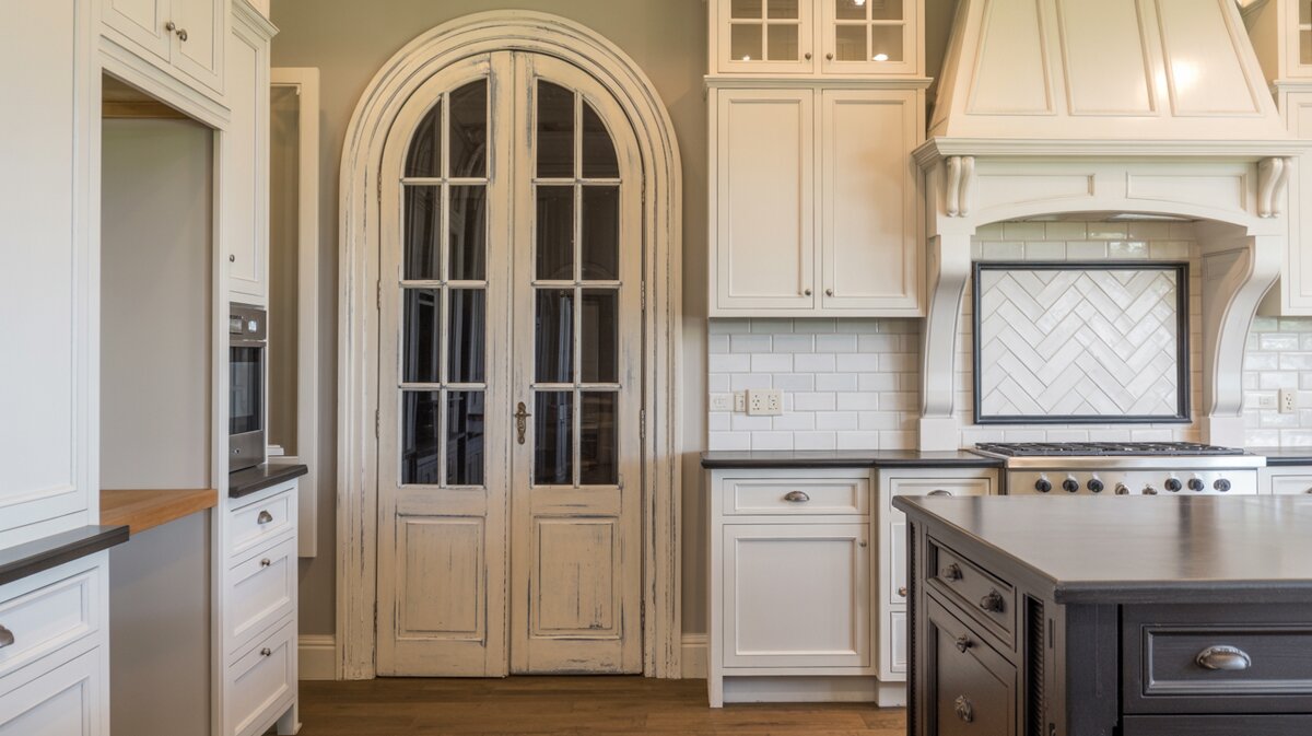 French country farmhouse kitchen with arched distressed white pantry door and herringbone tile floor