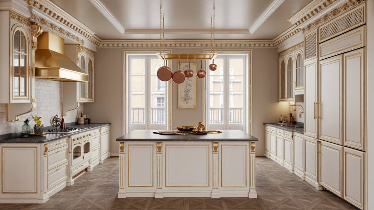 Grand French kitchen with ivory and gold gilt cabinets, brass range hood, hanging copper pots, and herringbone floor