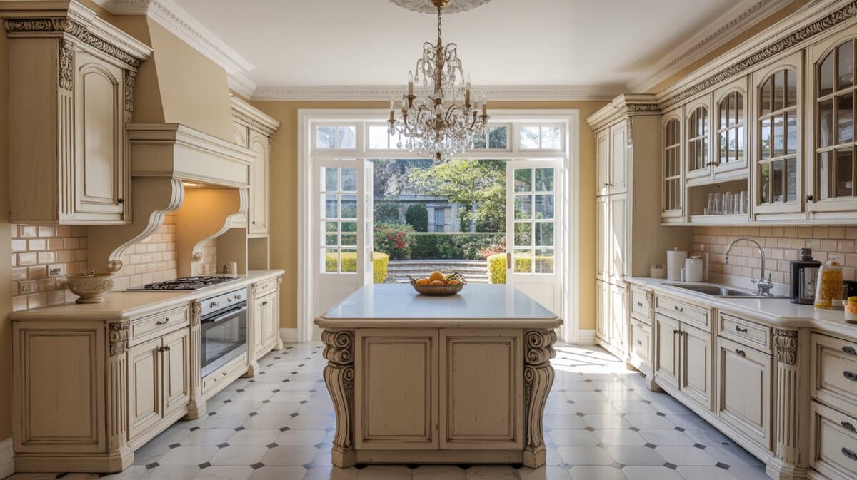 French glazed white kitchen with ornate corbel island legs, crystal chandelier, and checkerboard marble floor
